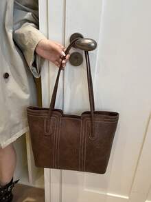 1pc Brown PU Smooth Zipper Embroidered Decor Fashion Versatile Casual Minimalist Solid Color Autumn/Winter New Elegant Niche Women's Shoulder Tote Bag, Suitable For Daily Use - Brown - View 3