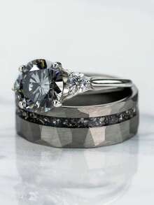 1Pc Men's Silvery Ring Inlay Meteorite Interstellar Ring Hammered Wedding Band - Vintage Style Fashion Engagement & Wedding Band - Hammered - View 9
