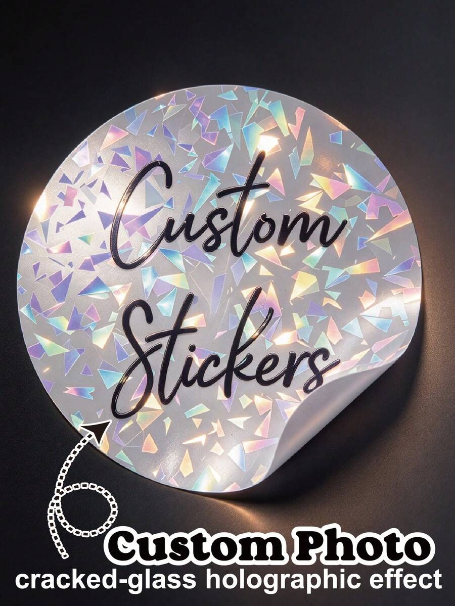Custom Round Corporate Logo Stickers, Personalized Holographic Shattered Window Round Labels, Customizable Waterproof Stickers With Image And Text, Suitable For Corporate Logo, Bakery
