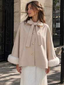 Women's Autumn/Winter Stand Collar Bow Faux Fur Cuff Cape Coat, Elegant Gold Button Short Commuter Jacket - Apricot - View 3