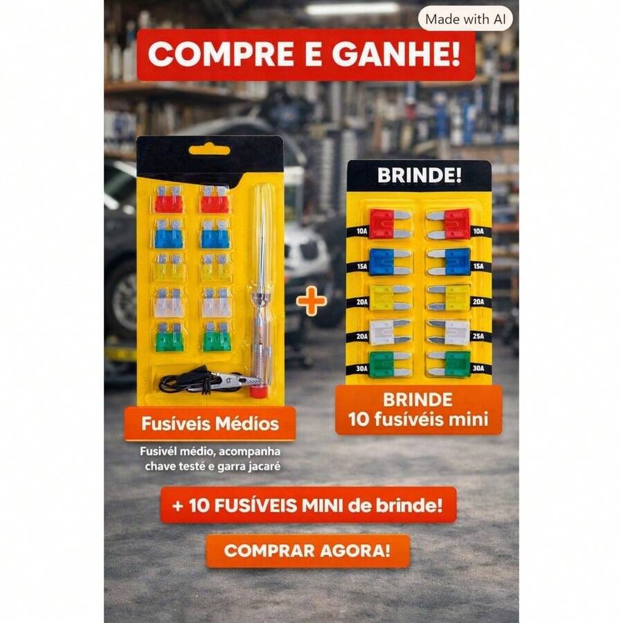 Kit de Fusíveis Automotivos – Mini e Médio | Com Chave Teste e Garra Jacaré - A - Visão 1