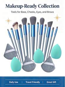19Pcs Makeup Brush Set,Soft Brush Head Cosmetic Brushes Set,Multi-Shape For Foundation,Eyeshadow, Contour&Blending Makeup - Grey - View 4