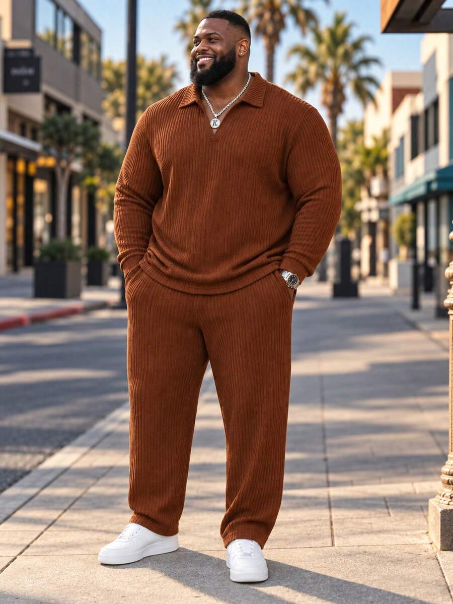 Plus Size Men's Casual 2-Piece Set, Long Sleeve Top And Pants, Solid Color Striped Knit Polo Set, Autumn - Brown - View 1