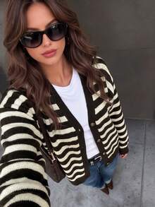 SUNSTORY Women's Autumn/Winter Minimalist Elegant Striped Placket Knit Cardigan Casual Top For Commuting, Shopping, Halloween - Multicolor - View 2