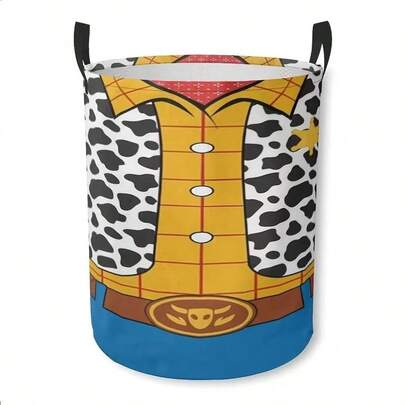 1pc Cartoon Cowboy Outfit Print Round Laundry Hamper, Foldable Fabric Storage Bucket With Dual Handles, Dirty Clothes Toy Organizer For Kids Bedroom, Portable Space Saving Cute Decor, Ideal For Mother's Day, Father's Day, Summer Vacation