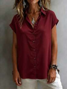 Women's Fashionable Short Sleeve Collared Shirt, Versatile Loose Casual Commute Vest Top, Solid Color Button Front, Daily Wear Summer - Burgundy - View 5