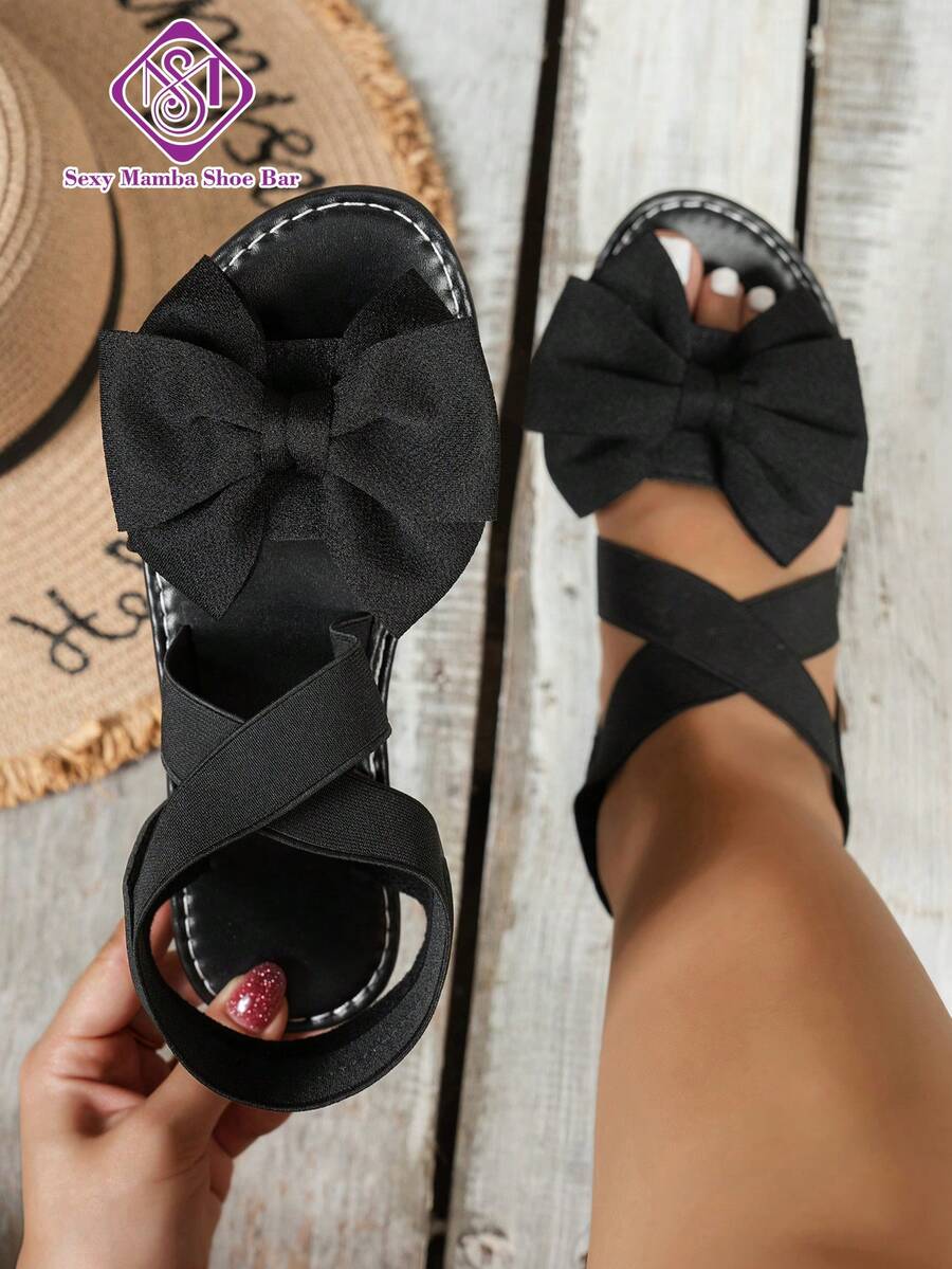 Women's Cross Elastic Strap Flat Sandals With Wide Toe Box, Bow Decor, Elegant Outdoor Beach Party Flat Sandals - Black - View 1