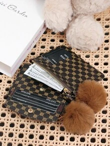 Adorned With A Delicate Pom-Pom, Fashionable Printed Coins And Credit Card Storage, Multiple Card Slots, Suitable For Carrying And Using On The Go - Coffee - View 10