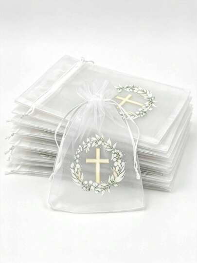 20pcs Baptism Gift Bags With Drawstring Closure, 10.16x15.24cm, Religious Theme Favor Bags For Baptism, First Communion, Christmas, Nativity Party, Cross Drawstring Closure (White & Greenery), Halloween