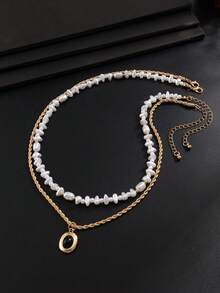 2pcs Fashion Minimalist Geometric Pendant Necklace, Asymmetrical Faux Pearl Necklace Set, Casual Accessory, Ideal Gift For Men - Yellow Gold - View 2