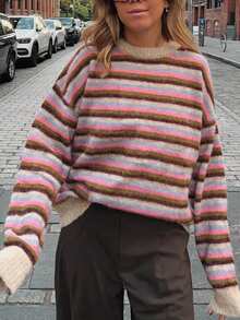Just Masa Women's Fall Winter Multi-Striped Fuzzy Sweater Top,Long Sleeve Round Neck Rib-Knit Pullover,For Daily Wear,Going Out,Date,Travel - Colorful Stripes - View 5