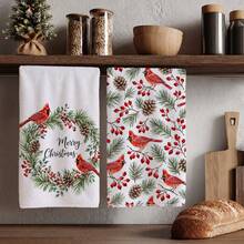 2 buah Handuk Dapur Motif Ranting Pinus Musim Dingin, Kerucut Pinus & Burung Kardinal Merah, Handuk Teh Mikrofiber Lembut 40*60cm, Cocok Untuk Dapur Rumah, Restoran, Berkemah di Luar Ruangan, Membersihkan Meja, Kain Lap Piring, Aksesori Handuk Tangan, Perlengkapan Dapur Tema Natal, Hadiah Liburan - MultiWarna - View 7