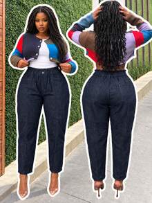 Women's Plus Size Denim Cropped Pants, Tapered Carrot Leg Style, With Zipper Detail, Non-Stretch Fabric, Suitable For Home And Casual Wear - Blue - View 1