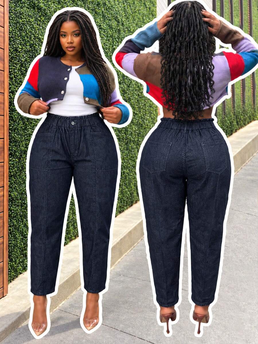 Women's Plus Size Denim Cropped Pants, Tapered Carrot Leg Style, With Zipper Detail, Non-Stretch Fabric, Suitable For Home And Casual Wear - Blue - View 1