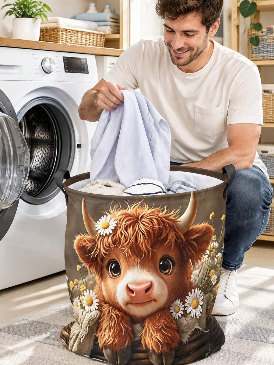 Highland Cattle Pattern Foldable Laundry Basket , Household Clothing Storage Bin, Breathable Fabric Dirty Laundry Basket, Quilt Clips,Suitable For Bathrooms And Bedrooms,Home Organizing Boxes And Storage Bins - Multicolor - View 1