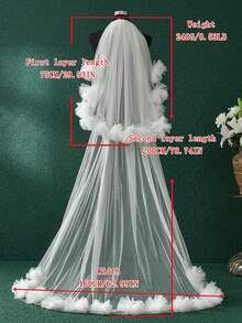 1pc Double Layer White Tulle Flower Bridal Veil, Floor Length Small Train Cathedral Veil, Romantic Wedding Photoshoot Headpiece - White - View 6