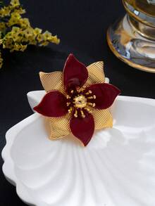 1pc Vintage Red & Gold Contrast Floral Brooch Pin For Suit, Coat, Party, Formal Occasion, Elegant Decorative Accessory - Burgundy - View 3