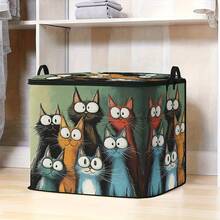 1pc 2D Flat Foldable Zipper Storage Box, Big Eye Cat Pattern Design, Can Store Clothes, Bedding, Nail Tools, Holiday Sundries, Suitable For Under Bed, Closet Placement And Moving Packing, Zipper Closure Secure, Reinforced Handle Durable Living Room Sundries Storage Basket, Dormitory Seasonal Bedding, Book Storage Supplies - A - View 1