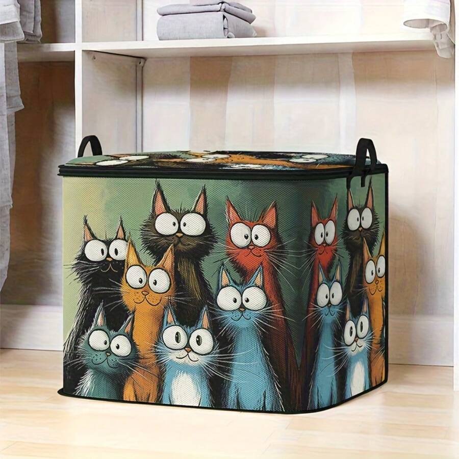 1pc 2D Flat Foldable Zipper Storage Box, Big Eye Cat Pattern Design, Can Store Clothes, Bedding, Nail Tools, Holiday Sundries, Suitable For Under Bed, Closet Placement And Moving Packing, Zipper Closure Secure, Reinforced Handle Durable Living Room Sundries Storage Basket, Dormitory Seasonal Bedding, Book Storage Supplies - A - View 1
