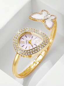 Women's Fashion Casual Water Drop Rhinestone Butterfly Bracelet Quartz Watch, Gift For Girlfriend (1pc/Set) Watch Box Not Included - Gold - View 9