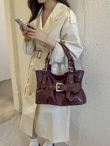 Women's Shoulder Tote Bag With Pleats, Fashionable And Unique Design, Large Capacity, Coffee Brown, Vintage Style, Suitable For Shopping And Commuting - Burgundy - View 3