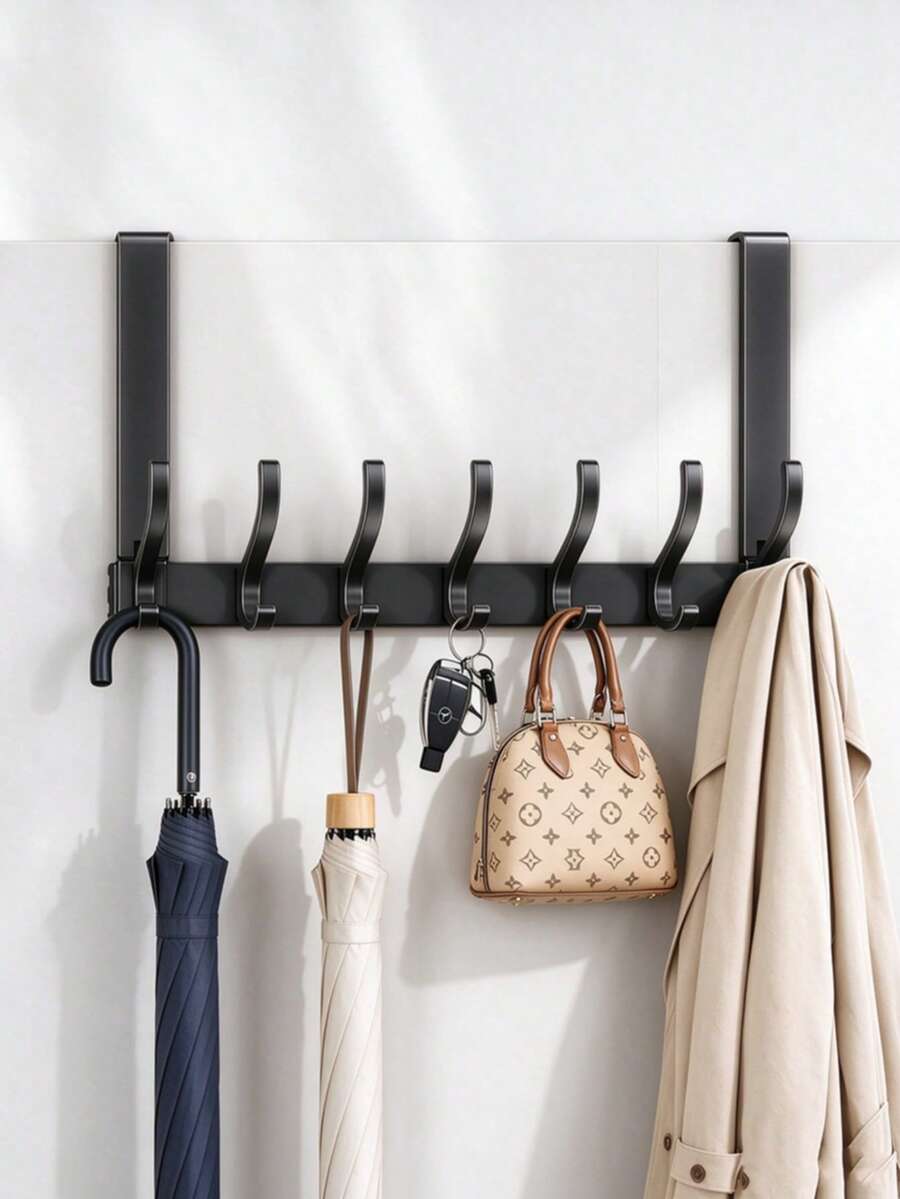 1pc Multi-Function Over-The-Door Hook, Strong No-Drill Towel & Clothing Rack, Space Saving Heavy Duty Storage Organizer For Bathroom, Wardrobe, Entryway Door, Suitable For Bedroom Closet, Holiday Home Decor Accessory, Wall Mounted Hanger - Black - View 1