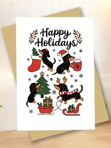 Dachshund Happy Holidays Greeting Card, Cute Cartoon Sausage Dog Christmas Card, Four Wiener Dogs Xmas Tree Sled Design, Pet Lover Holiday Stationery Gift For Dog Owners - Multicolor - View 6