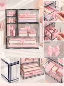 Desktop Storage Box With Bow, Large Capacity Drawer Storage Box, Transparent Storage Box That Can Be Freely Matched, Cosmetic Storage And Display Box, Stationery Classification And Organization Box, Suitable For Desktop Accessories, Cosmetics, Makeup Tools, Stationery, Learning Supplies, Applicable To Home Bedroom, Study, Makeup Table, School Dorm, Office, Room Decoration, Classification And Storage Of Daily Necessities, Make Your Desktop More Tidy - Transparent - View 4