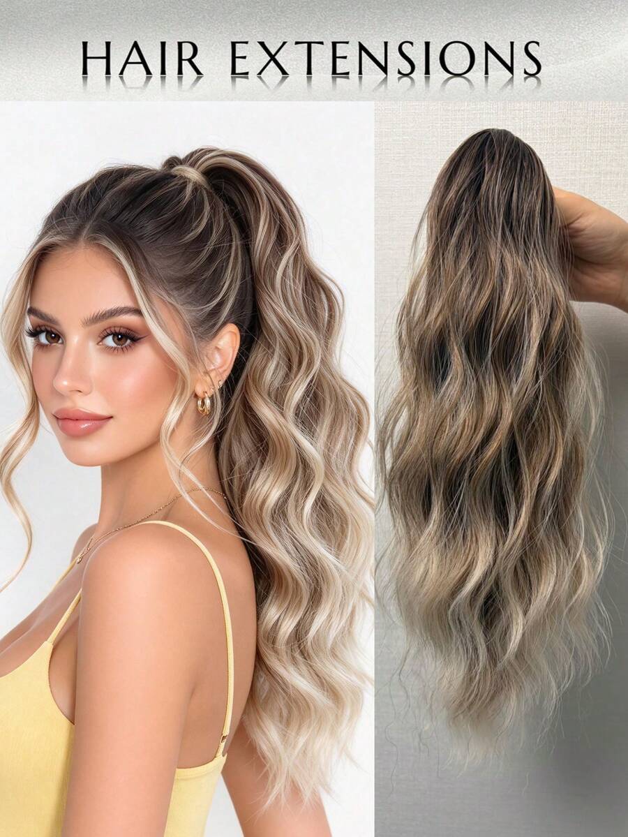 14-Inch Ombre Wavy Heatproof Synthetic Ponytail With Claw Clip, Suitable For Women To Wear On Christmas, Halloween Parties And Daily Occasions - Beige Ombre - View 1