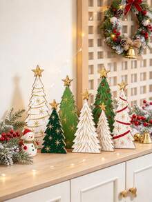 6pcs Wooden Christmas Tree Desktop Decor Set - Vintage Distressed Style With Gold Star Topper; Suitable For Winter Holiday Table, Mantel Or Shelf Decoration, Christmas Baby Shower Party Decor, Baby Party Ornament, Party Favor Gift - Multicolor - View 3