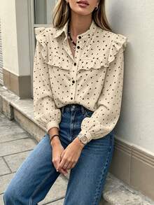 Vintage Ditsy Floral Ruffle Lantern Sleeve Loose Blouse, Gentle Chic Style, Versatile Top For Spring/Autumn, Office Commute, Casual Outings And Gatherings - Apricot - View 5