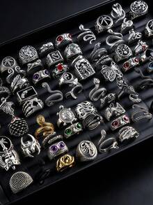 10/20pcs/Set Vintage Punk Gothic Style Unisex Rings, Big Eye Heart Shape Design, Holiday Party Gift, Friend Gift, Daily Wear Accessory - Open Retro Punk Ring - View 2
