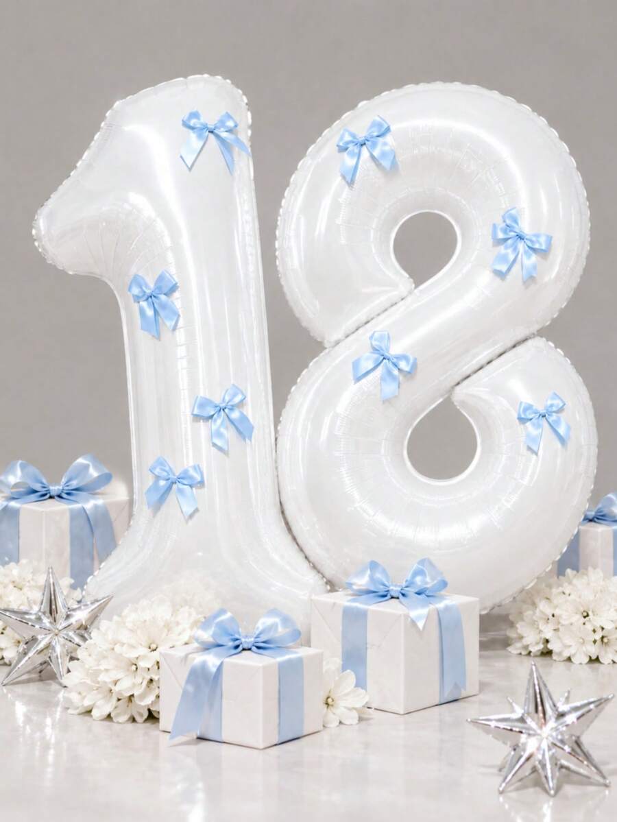 1 Set Large 32 Inch White Number "0-9" Balloon Kit - Includes 1 Number Balloon And 5 Light Blue Bows, Helium Fillable, Suitable For Birthday Party, Wedding, Anniversary, New Year, Festival, Carnival Birthday Balloons - White - View 1