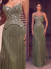 Elegant Romantic Women's Sleeveless Sequin Tassel Dress, Long Strapless Dress, Contrast Sequin Design, Tie Back, Suitable For Special Occasions - Olive Green - View 5