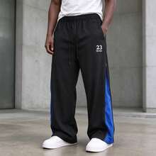 American Street Style Black & Blue Colorblock Wide Leg Sweatpants Side Zipper Number Embroidery Drawstring Casual Long Pants For Men - Black - View 2