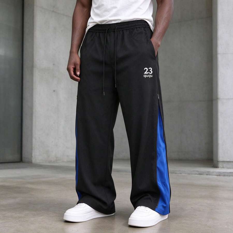 American Street Style Black & Blue Colorblock Wide Leg Sweatpants Side Zipper Number Embroidery Drawstring Casual Long Pants For Men