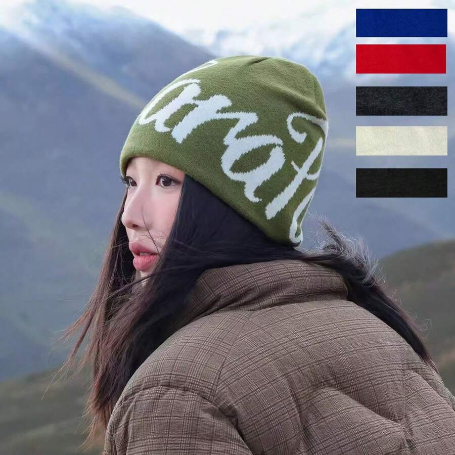 1pc Letter Jacquard Reversible Knit Hat, Ear-Flap Beanie For Hiking And Skiing, Star Jacquard Woolen Hat - CARA-double-sided Knit Beanie - View 1