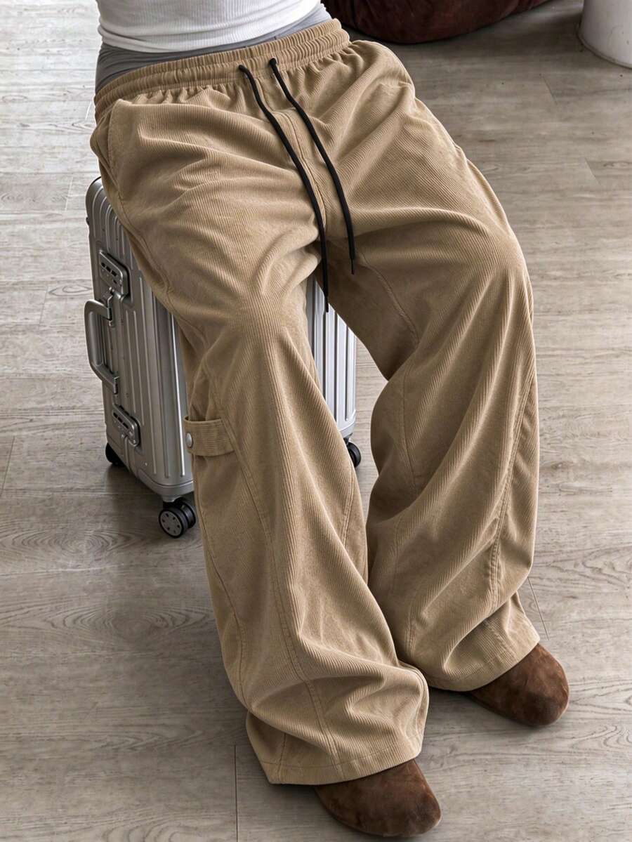 Autumn/Winter Vintage Corduroy Men's Casual Pants With Side Button Design, Loose Leg, Wide Leg Long Pants - Khaki - View 1