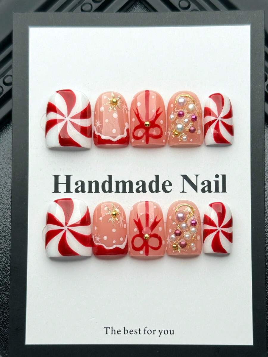 10pcs Handmade Christmas Press-On Nails,Short Square Nails,Red And White Design Featuring Details Such As Snowflakes, Bows, And Colorful Pearls,High-Quality Acrylic False Nail Set,Suitable For Girls To Wear At Christmas - Multicolor - View 1