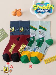 SpongeBob SquarePants 2/1雙 SquarePants 女款襪子，趣味卡通中筒襪，厚款秋冬適用 - 彩色 - 查看 10