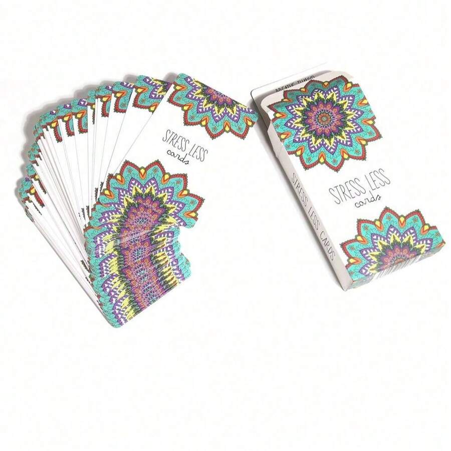 1Set/50pcs <Stress Less> Cards, Stress Less Cards, Mindfulness & Meditation Prompt Card Deck, Self-Care Relaxation Exercise Cards For Stress & Anxiety Relief, Daily Calm Activity Cards, For Office, Home, Bedtime, Mental Relaxation & Wellness Gifts - Multicolor - View 1
