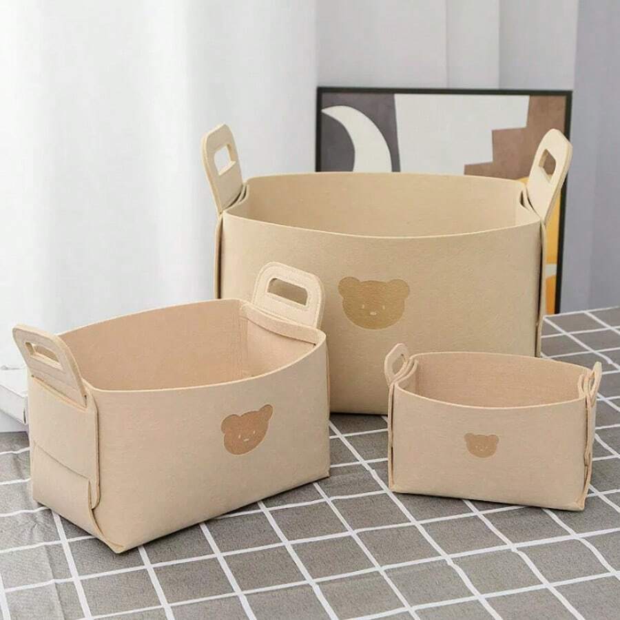 Bear Felt Foldable Storage Basket, Desktop Organizer Box For Snacks, Toys, Cosmetics, Laundry Basket With Handles, Foldable Basket For Wardrobe, Toy Storage, Laundry Room Organization, Shelf Decor Storage Box, Cube Storage Rack - Multicolor - View 1