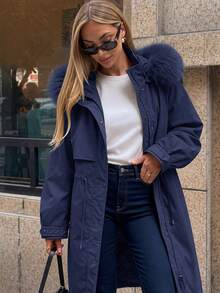 Risissida Women's Autumn/Winter Detachable Fur Collar Thickened Down Jacket, Zipper/Button Closure, With Pockets - Navy Blue - View 1