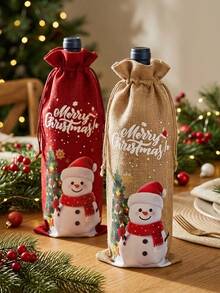 2/1pc Christmas Wine Bottle Bag With Snowman Print, Faux Linen Drawstring Wine Gift Bags For Holiday Dinner Table Decor And Festive Party Gift Wrapping - Multicolor - View 9