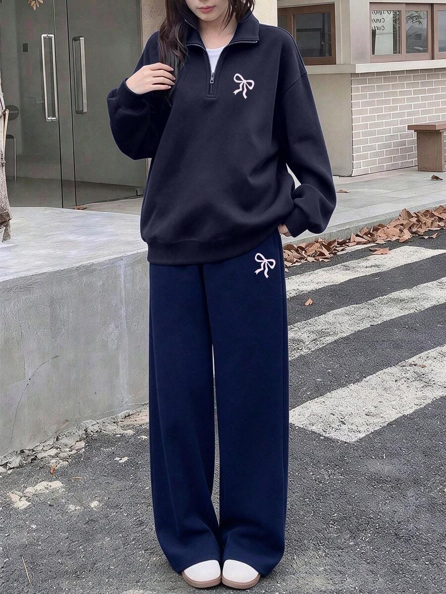2 Pieces Set For Young Girl And Girls, Half-Zip Sweatshirt And Wide-Leg Pants, Loose Fit Stand Collar Sweatshirt With Pink Bow Print And Loose Wide-Leg Pants Matching Set, Suitable For Autumn/Winter Daily Wear - Multicolor - View 1