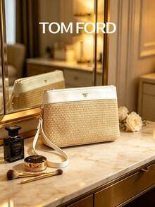 TOM FORD White Straw Clutch, Women's Luxury Evening And Vacation Handbag - Blue and White - View 2