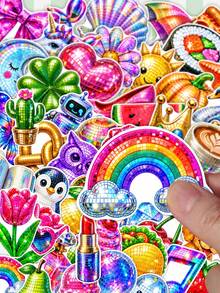 50Pcs Disco Ball Aesthetic Stickers, Rainbow Disco Heart Planet Crown Waterproof Vinyl Decals, DIY Decor For Water Bottle, Laptop, Scrapbook, Phone Case - Multicolor - View 2