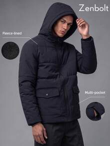 ZenBolt Men's Minimalist Classic Black Hooded Quilted Zip-Up Jacket, Fleece Lining, Large Flap Pockets, Stitching Detail Design, Winter - Navy Blue - View 1