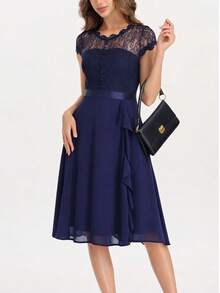 Summer Elegant Noble Lace Patchwork Layered A-Line Skirt Midi Dress For Women, Perfect For Formal Occasions And Parties - Navy Blue - View 3