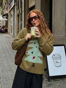 Christmas Tree Graphic Ribbed Knit Sweater, Crew Neck, Long Sleeve, High Stretch, Regular Fit, Camel, Cozy Winter Outfit Pullover Top - Camel - View 2